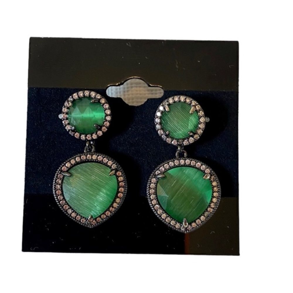 Faceted Green Stone & Pave Crystal Drop Earrings